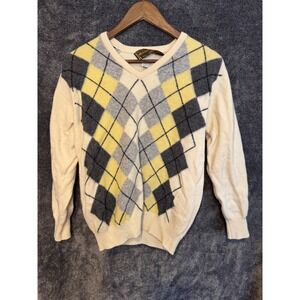 Lyle & Scott Mens Argyle V-NeckSweater 100% Lambswool Scotland Cream Yellow Grey